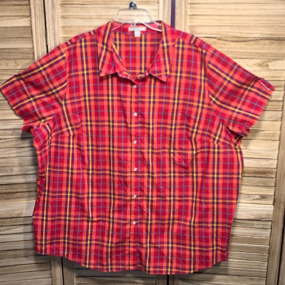 Woman Within Short Sleeve Button Down Plaid Blouse Size 30/32 - Picture 1 of 6